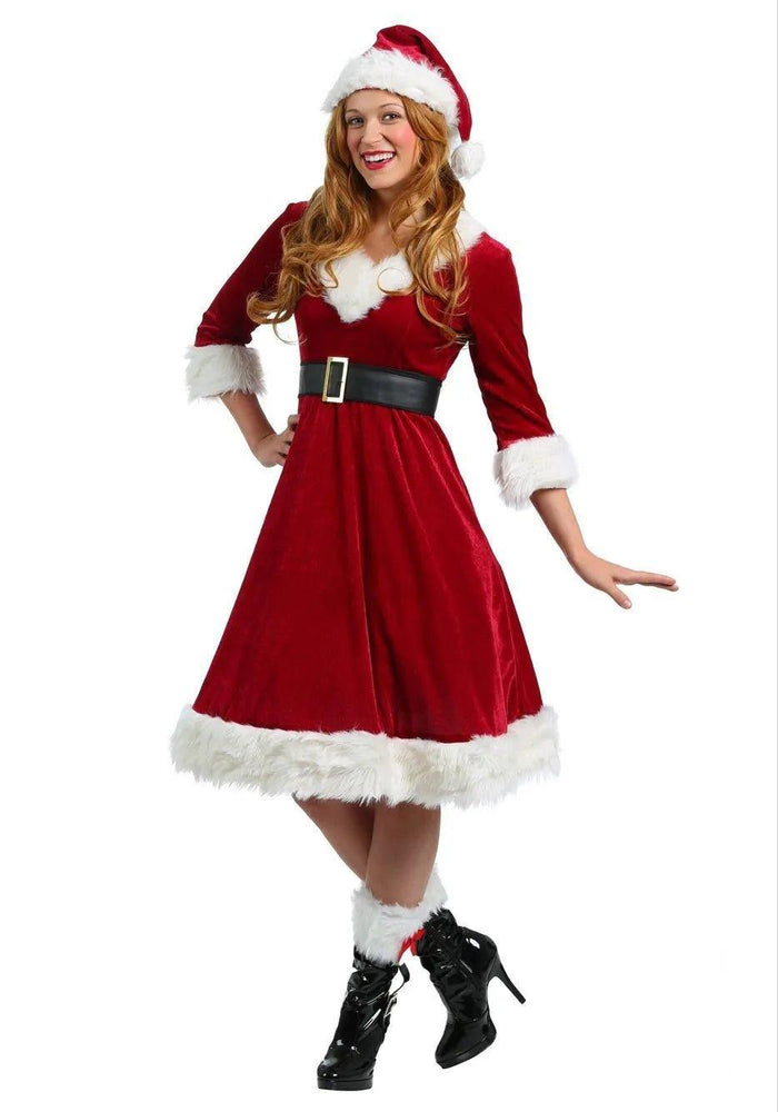 Deluxe Women Red Velvet Xmas Dress Christmas Cosplay Santa Claus Costume - Mechano