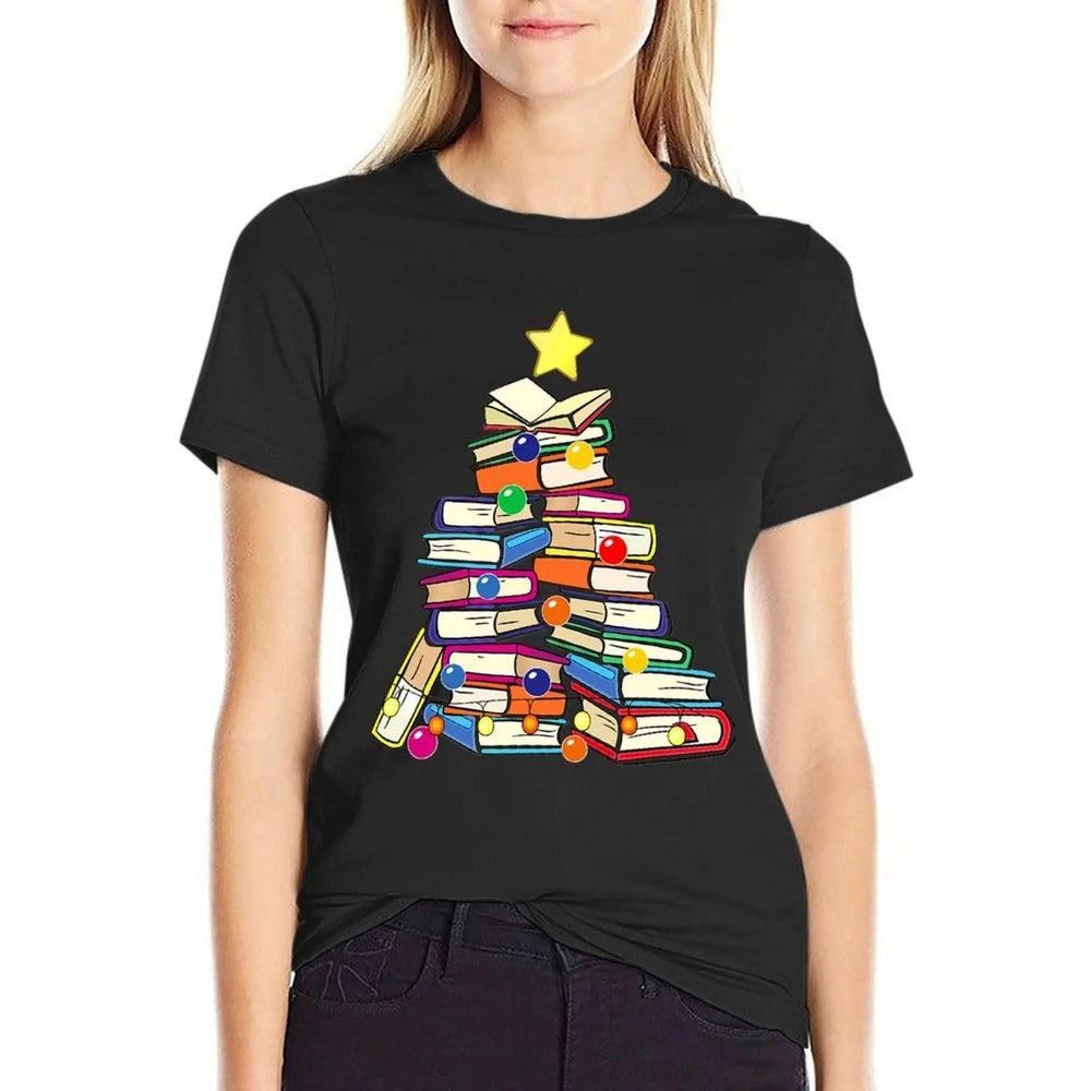 Book Lover Christmas Tree Bookworm Librarian Merry Christmas T-Shirt lady clothes tops plus size tops tshirts for Women