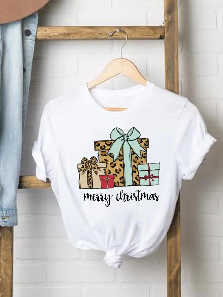 Happy New Year Deer Graphic T-shirt for Women Casual Christmas Tee