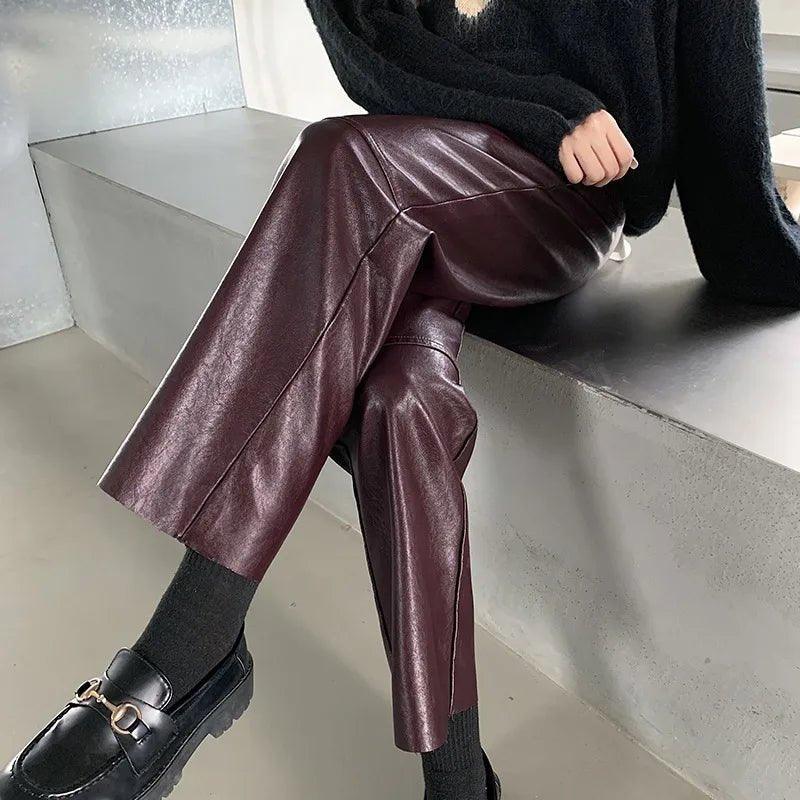 Autumn Winter Women's Leather Trousers High Waist Loose black Brown Straight Leg Pants Classic pu Faux Leather Pants for Women - Mechano