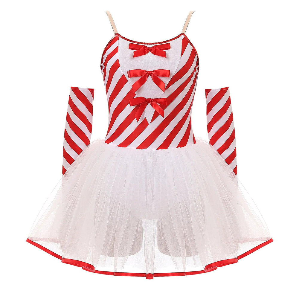 Christmas Candy Cane Tutu Dress With Gloves For Women - Mechano