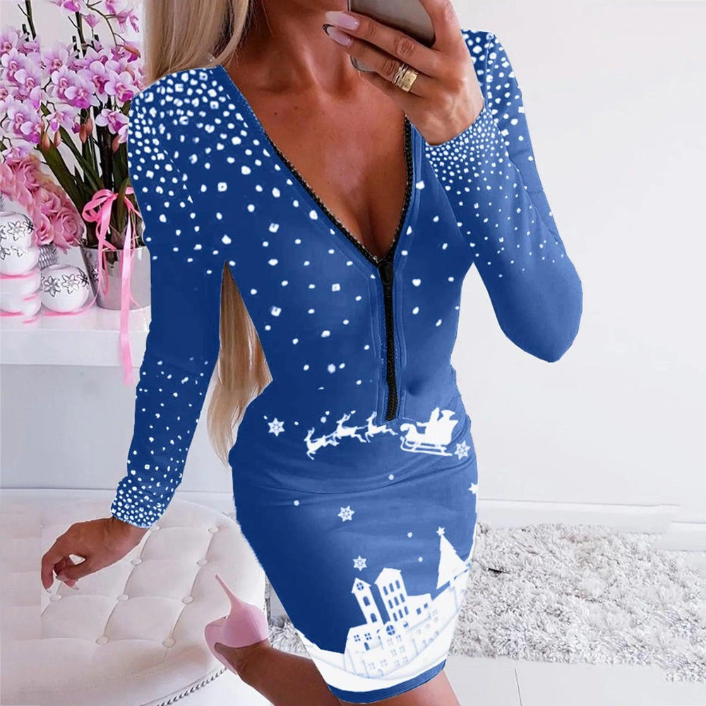 Christmas Print Dress Women Zippered V Neck Long Sleeve Bodycon Elegant Vintage Autumn Winter Robe Vestidos Streetwear