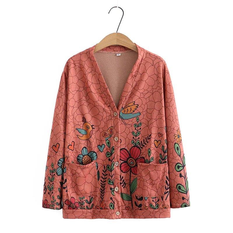 8XL Plus Size Cardigan Women Spring Print V - Neck Two Pockets Jumpers Long Sleeve Outewear Oversize Curve Clothes - Mechano