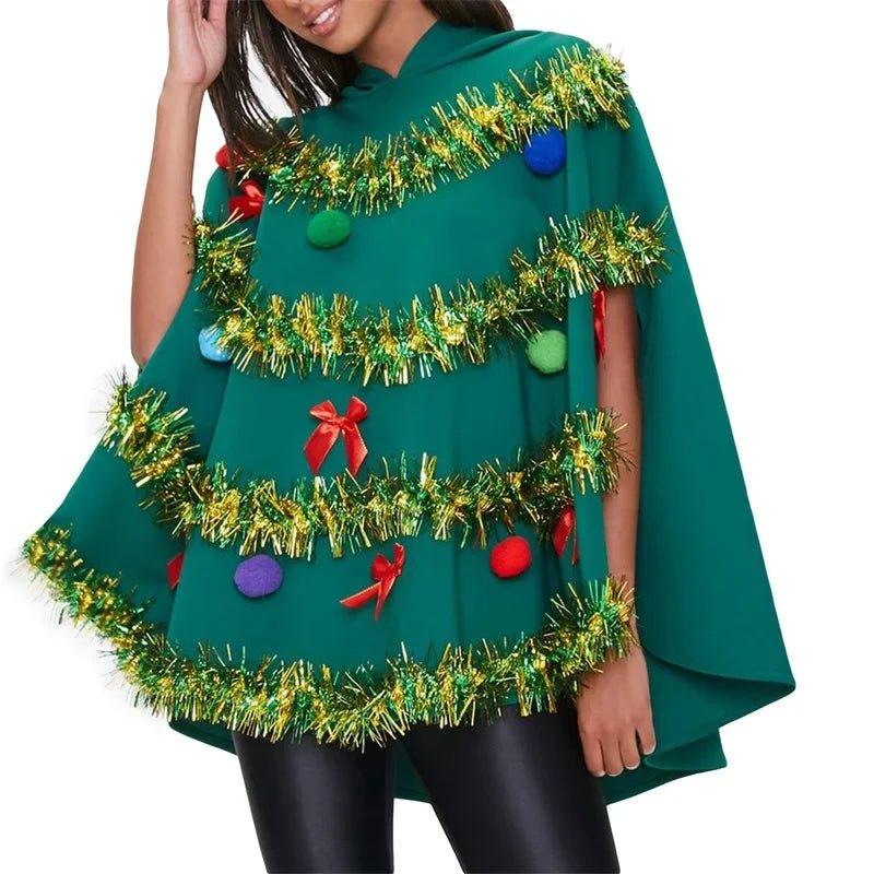 Christmas Tree Poncho Costume Adults Bow Ball Decor Hooded Cloak Cape Party Prop for Cosplay Party - Mechano