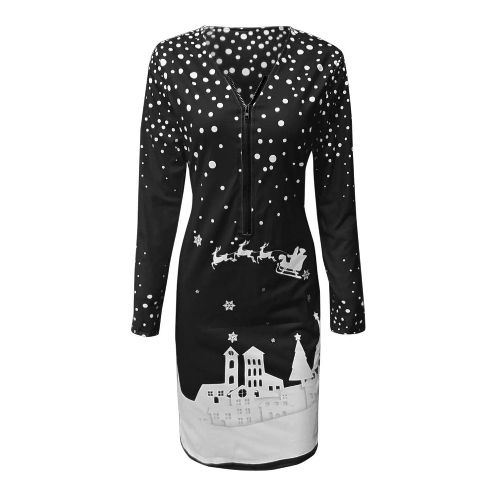 Christmas Print Dress Women Zippered V Neck Long Sleeve Bodycon Elegant Vintage Autumn Winter Robe Vestidos Streetwear