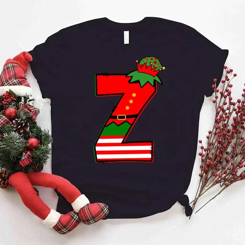 Funny Christmas T-Shirt for Women ELF Christmas Alphabet Print Short Sleeve Top Christmas TShirts Xmas Tee Shirt Women Clothes