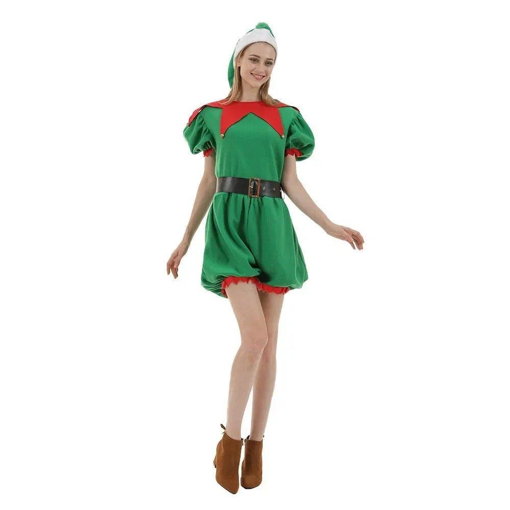 Elf Costume for Women Christmas Outfit Dress Adult Cute Santa Elves Xmas Carnival Party Suit with Hat Shoes Cover Belt Socks - Mechano