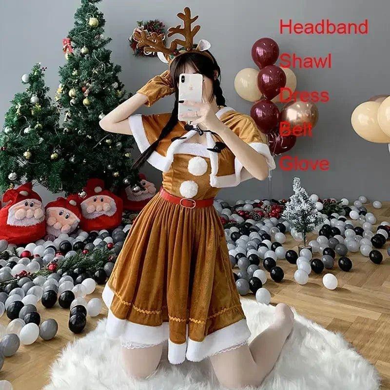 Christmas Cosplay Costume Women Santa Girl Reindeer Brown Dress Uniform Deer Elk Hooded Shawl Cute Outfits Carnival Dress Up - Mechano