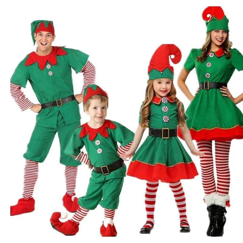 Adult Kids Costume Elf Cosplay Costumes Christmas Prom Costumes Women Dresses Men Top Pants Christmas Hat Suit Halloween Costume - Mechano