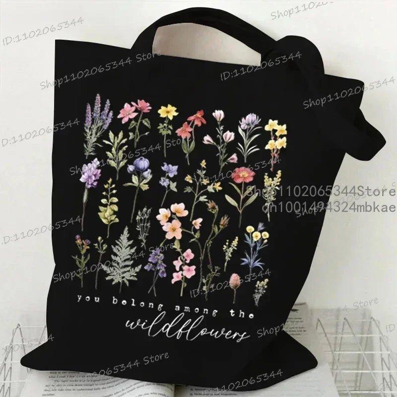 Myosotis Alpestris Canvas Tote Bag for Women “Forget Me Not” Handbag Aesthetics Flower Shopper Bags Female Bohemia Shoulder Bag - Mechano