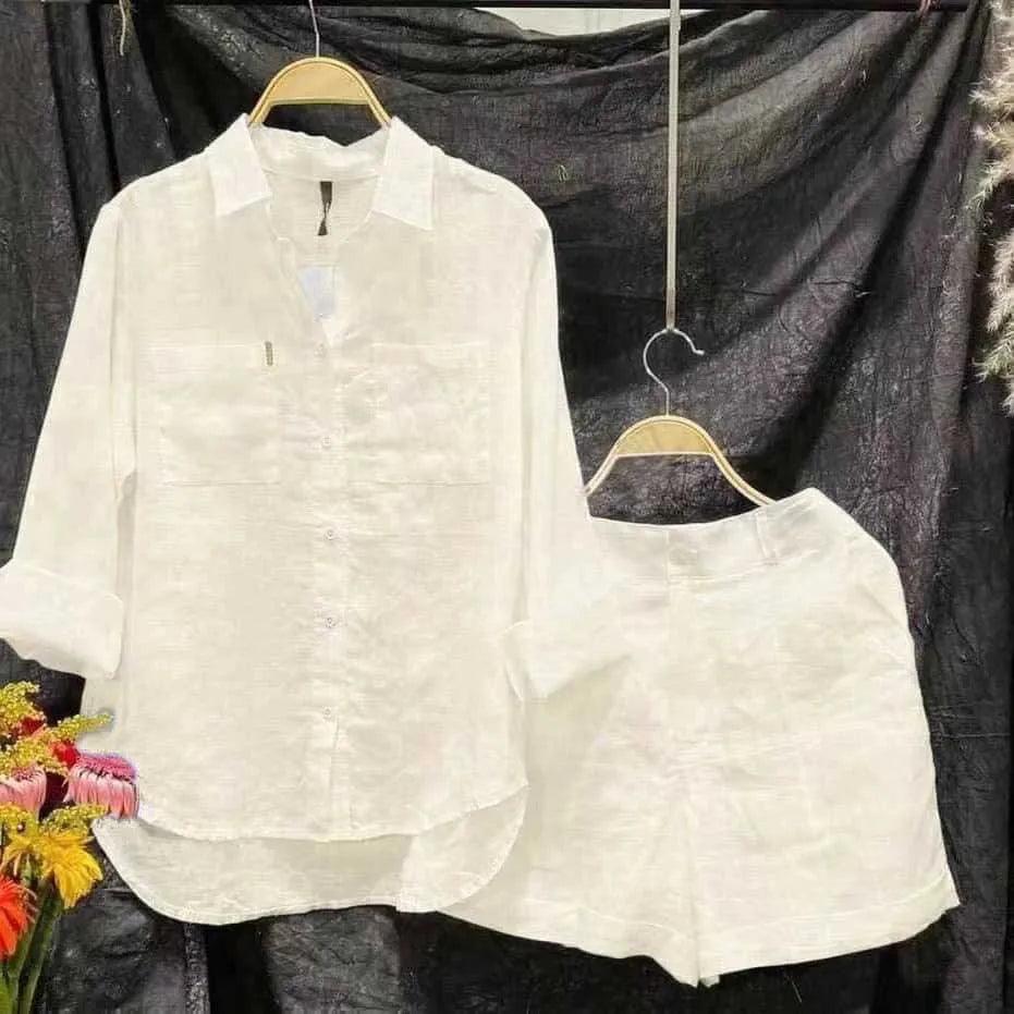 Fashion White Long Sleeve Shirt And Shorts Two Piece Sets Women Summer Cotton Linen Casual Home 2 Piece Set For Women - Mechano