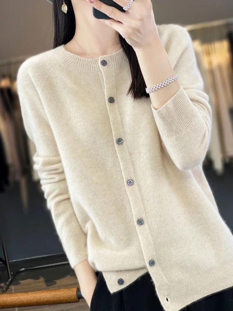 Long Sleeve 100% Merino Wool Sweaters Cashmere Cardigan Spring Autumn Women O - Neck Knitwear Tops Clothing Fashion Basic Tops - Mechano