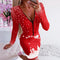 Christmas Print Dress Women Zippered V Neck Long Sleeve Bodycon Elegant Vintage Autumn Winter Robe Vestidos Streetwear