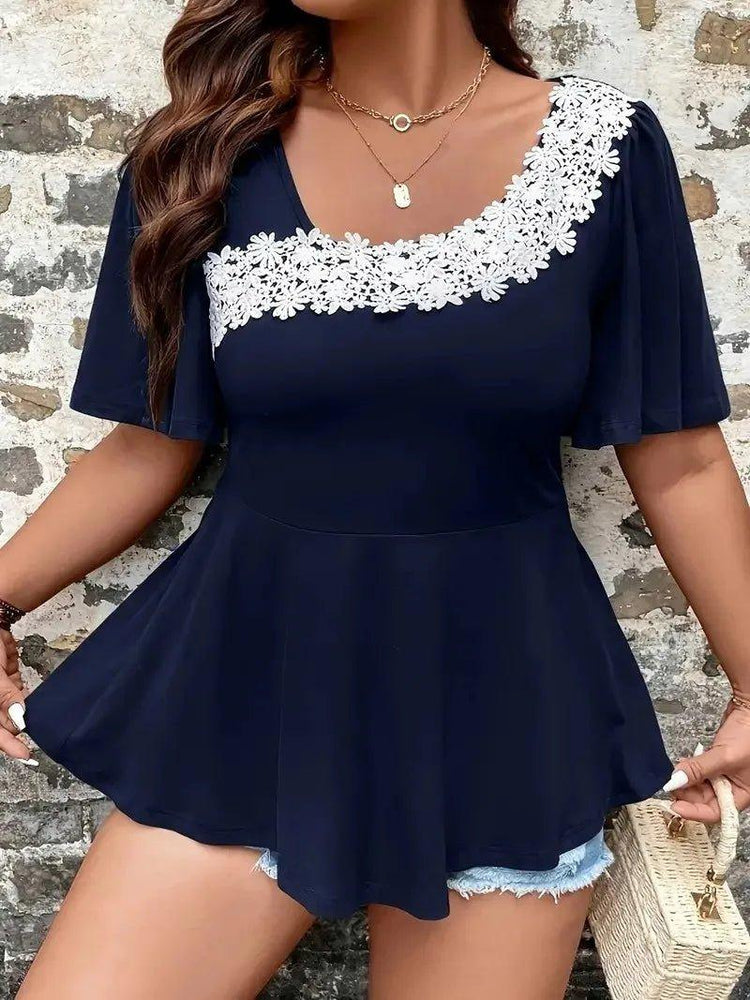 GIBSIE Plus Size Butterfly Sleeve Lace Appliques Peplum Blouse Women's Fashion Summer Sweet Casual Ladies Tops and Blouses - Mechano