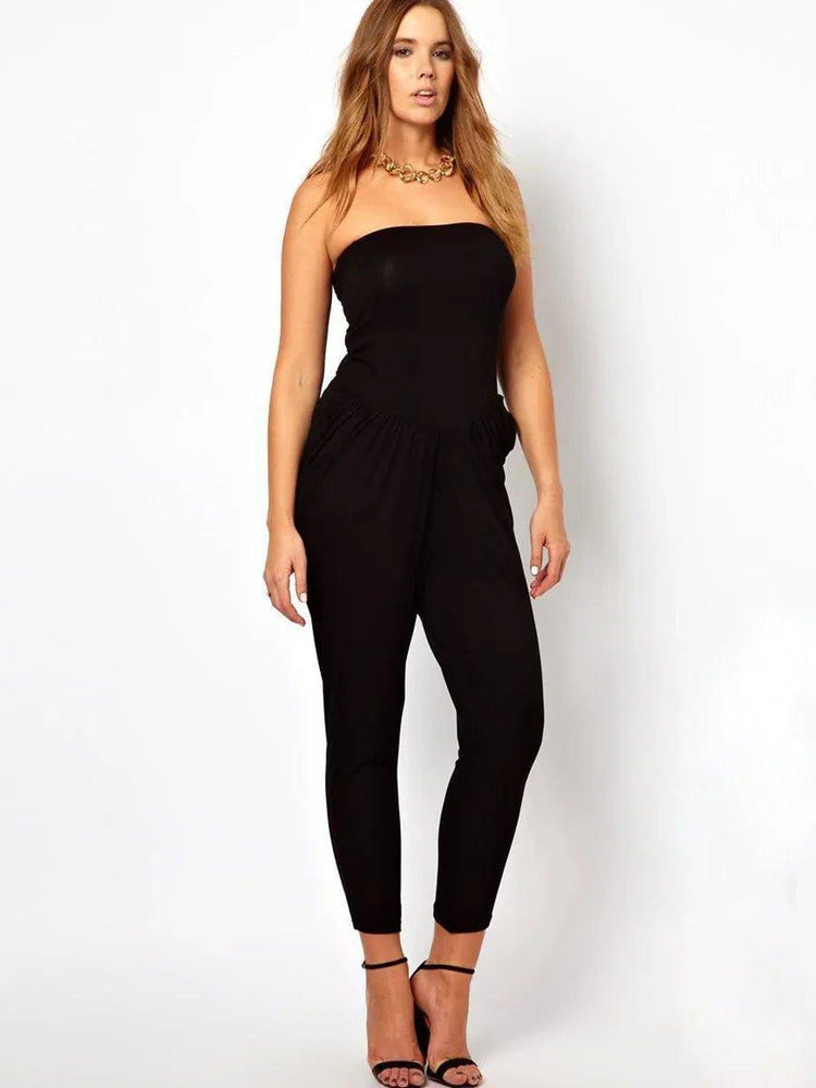 Plus Size Elegant Tube Jumpsuits Women Sleeveless Off Shoulder Solid Black Pocket Elastic Waist Summer Casual Jumpsuits 6xl 7xl - Mechano