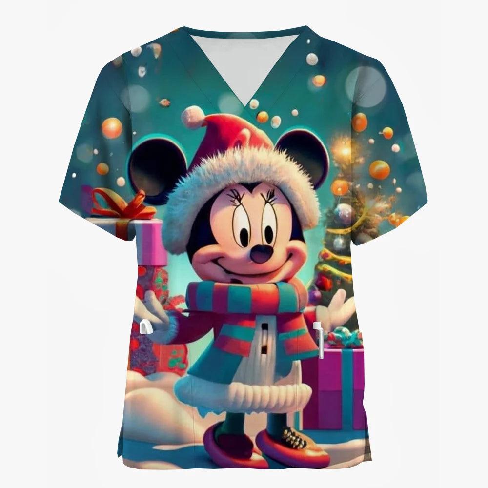 Disney Mickey Mouse Christmas Neutral Medical Uniform Cartoon Christmas Nurse Matte T-shirt Dentist Beauty Spa Work Clothes