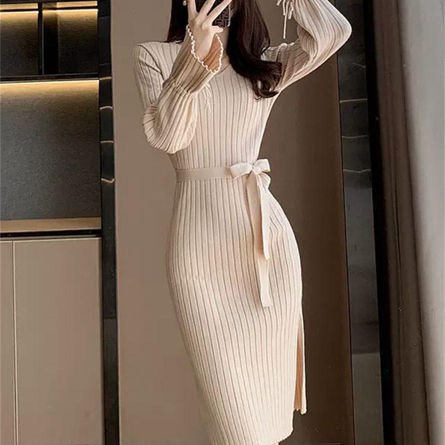 Bell Sleeve Solid Color Knitted Dress Autumn And Winter - Mechano