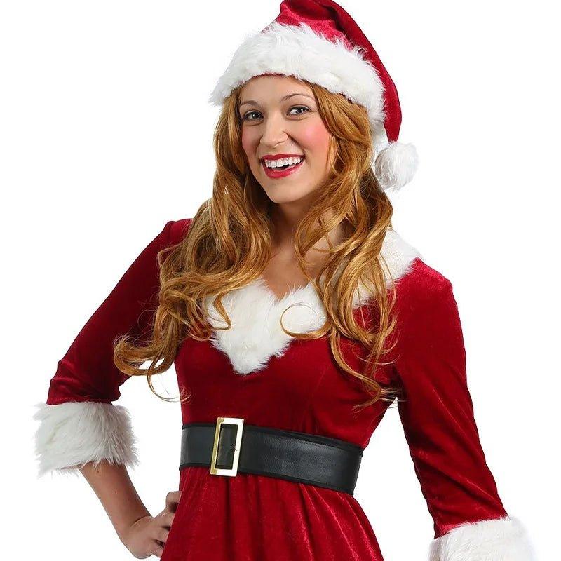 Deluxe Women Red Velvet Xmas Dress Christmas Cosplay Santa Claus Costume - Mechano