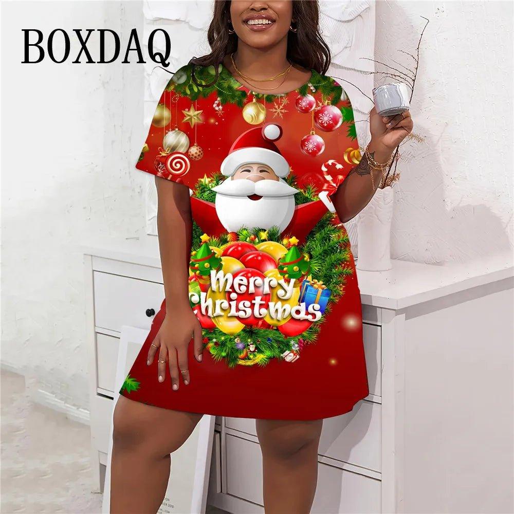 Christmas Party Mini Dress Women Cartoon Santa Claus Print Loose Dress Plus Size Fashion Casual Short Sleeve Dresses Winter - Mechano