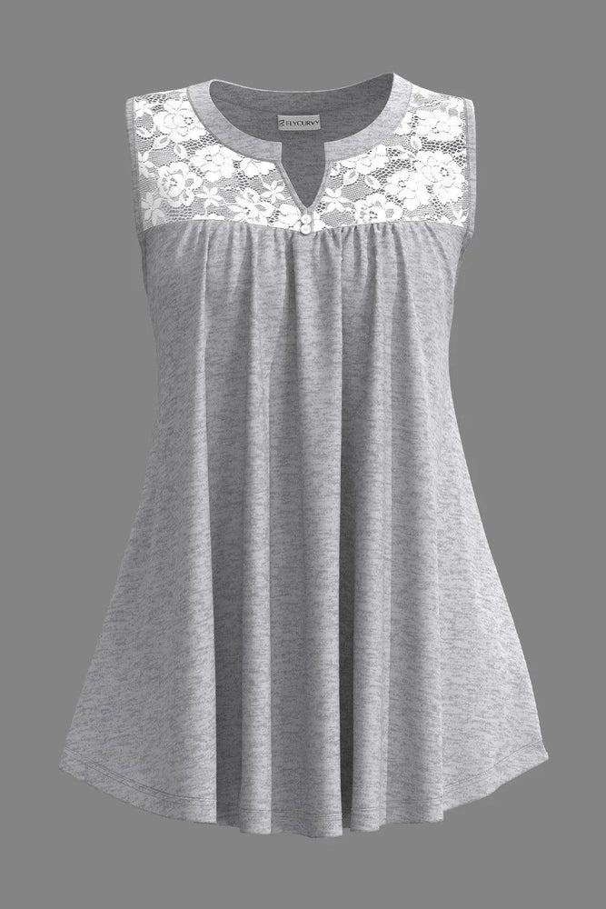 Flycurvy Plus Size Casual Grey Lace Stitching Decorative Button Fold Tank Top - Mechano