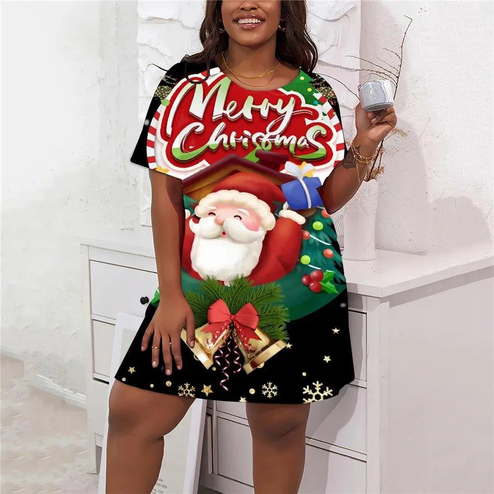 Christmas Party Mini Dress Women Cartoon Santa Claus Print Loose Dress Plus Size Fashion Casual Short Sleeve Dresses Winter - Mechano