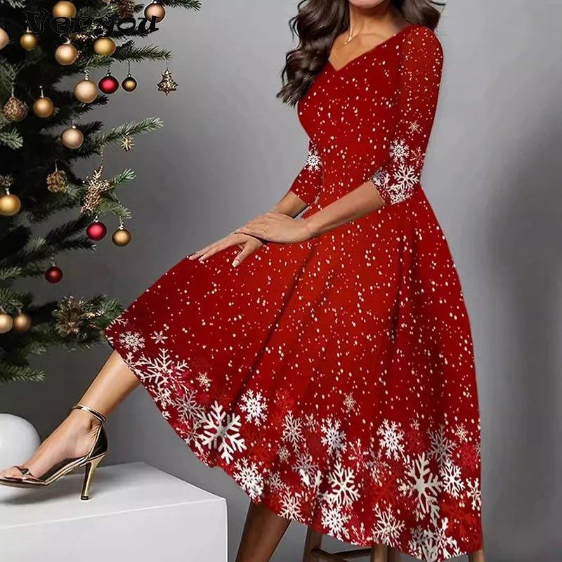 Christmas Dress Women Vintage Robe Swing Printed Party Dresses Plus Size Casual Long Sleeve Long Dress Red - Mechano