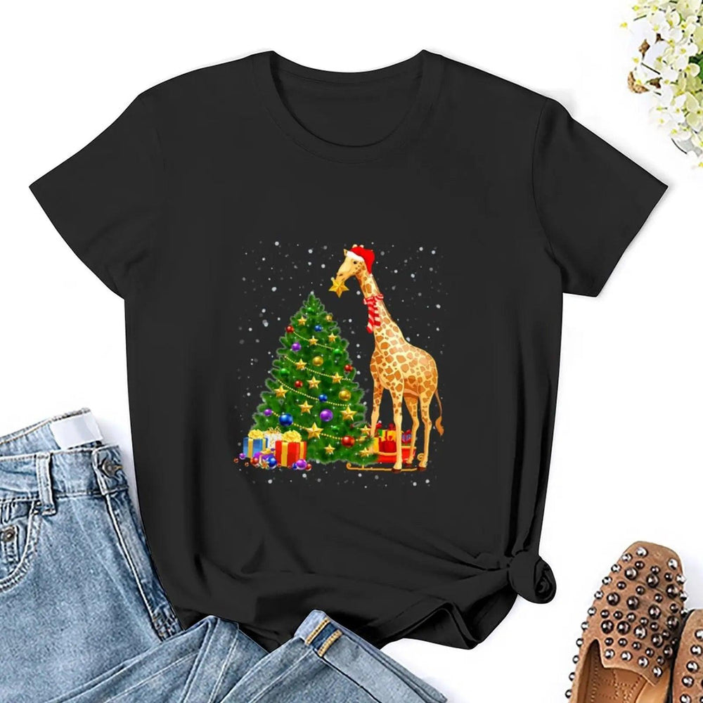 Funny Giraffe Hat In Snow Giraffe Costume Santa Christmas T-Shirt Female clothing Blouse summer clothes for Women