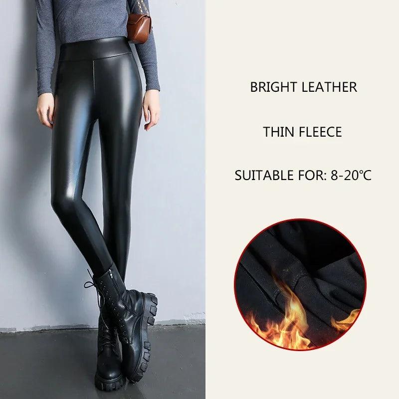 Autumn Winter Velvet Thick Warm Leather Pants Women Elastic PU High Waist Leggings Black Casual Slimming Fleece Trousers - Mechano