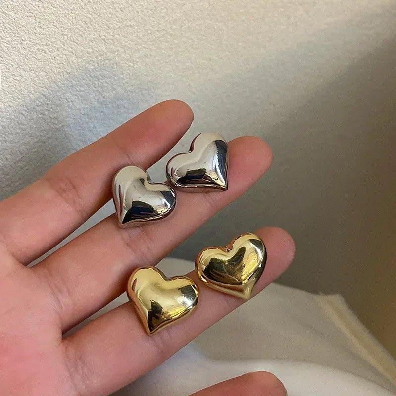 Gold Color Smooth Surface Love Heart Shaped Stud Earrings for Women - Mechano