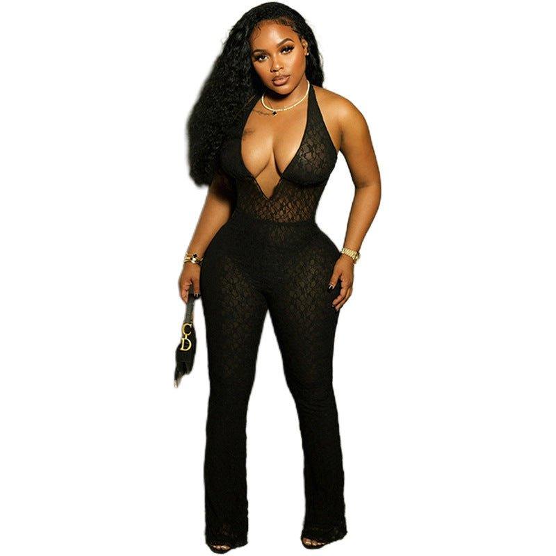 Halter Deep V - neck See - through Lace Lace - up Backless Jumpsuit - Mechano