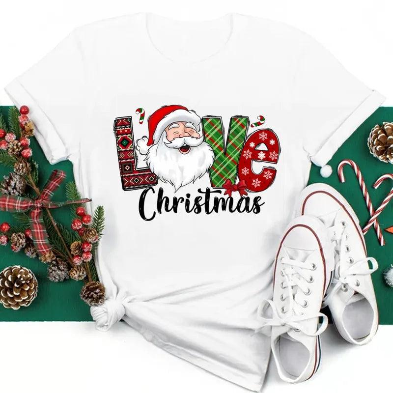 Funny Love Christmas Clothes Santa Print Female T-shirts Black Casual Women Tops Xmas Party Tops