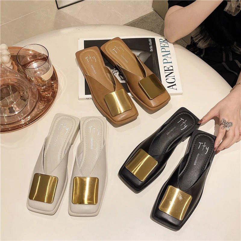 Brand Designer Women Slippers Fashion Metal Buckle Mules Flat Heels Square Toe Shallow Shoes Outdoor Slide Female Casual Sandal - Mechano