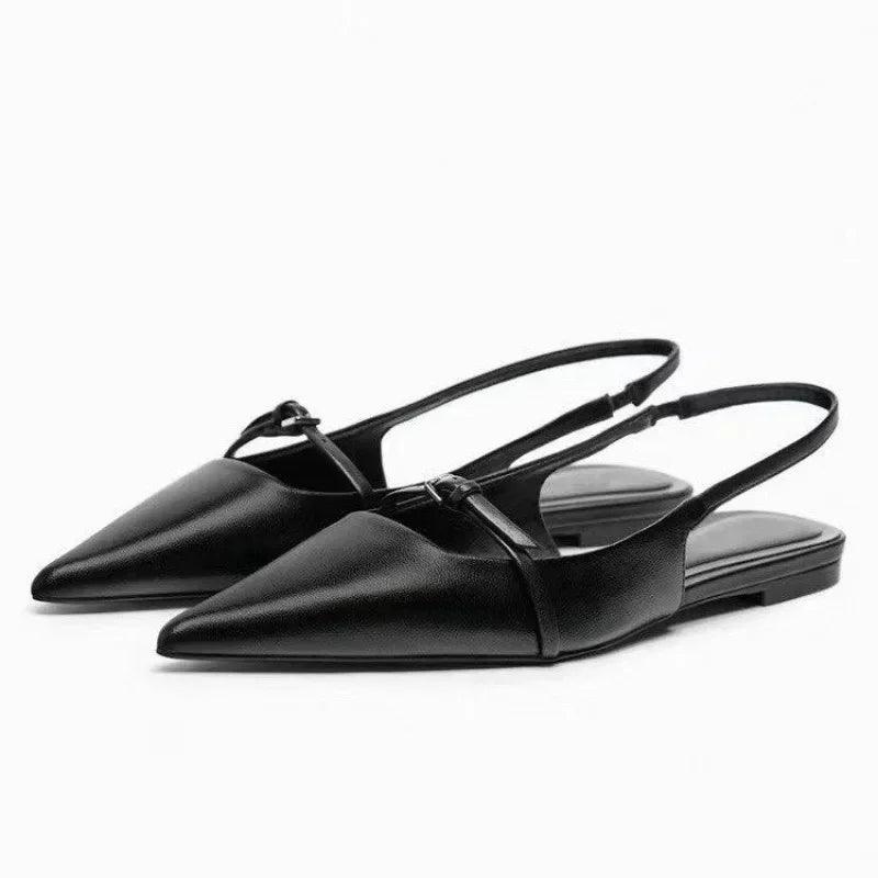 HNHF Women Slingback Flat Sandals Black Leather Pointed Ballet Shoes - Mechano