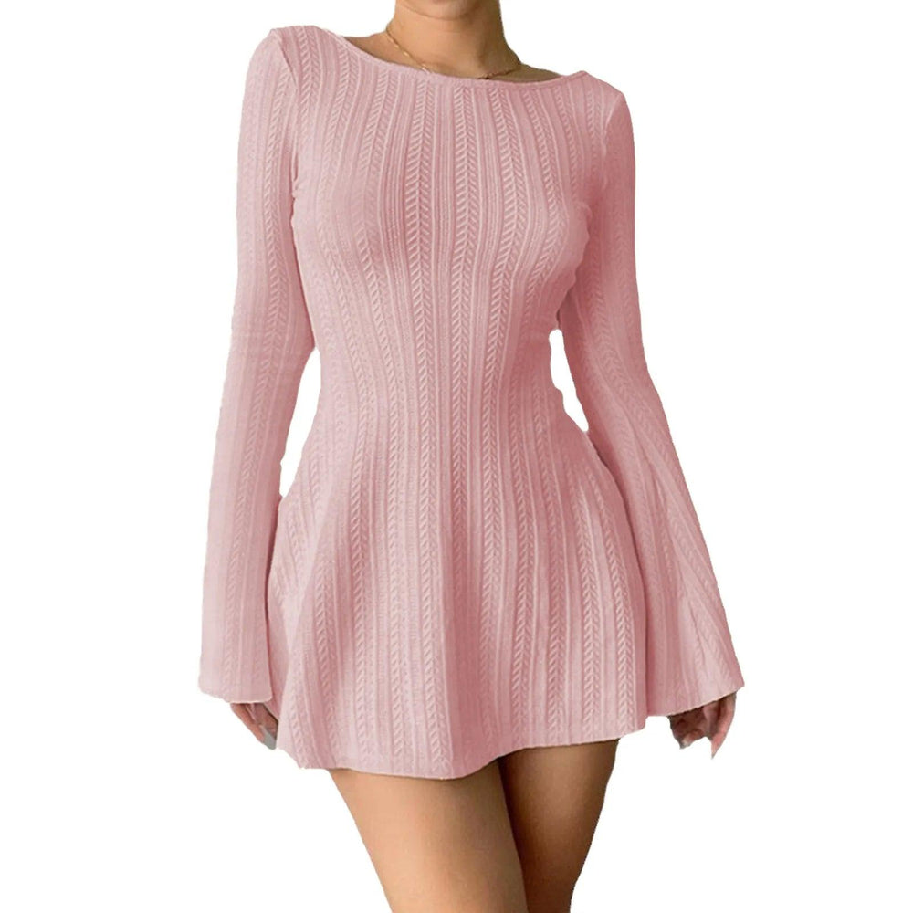 Elegant Knit Backless Long Sleeve Bodycon Mini Dress for Women - Mechano