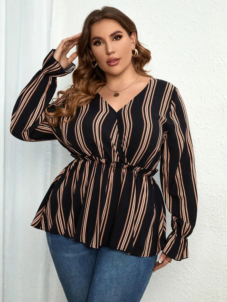 Della Mel Women Plus Size Vintage Long Sleeve Tops Striped Print Wrap V - Neck Loose Ruffles Elastic Waist Peplum Blouses 3XL 4XL - Mechano