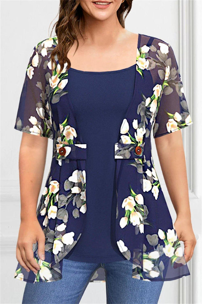 Flycurvy Plus Size Casual Grey Chiffon Floral Print Fake Two Pieces Blouse - Mechano