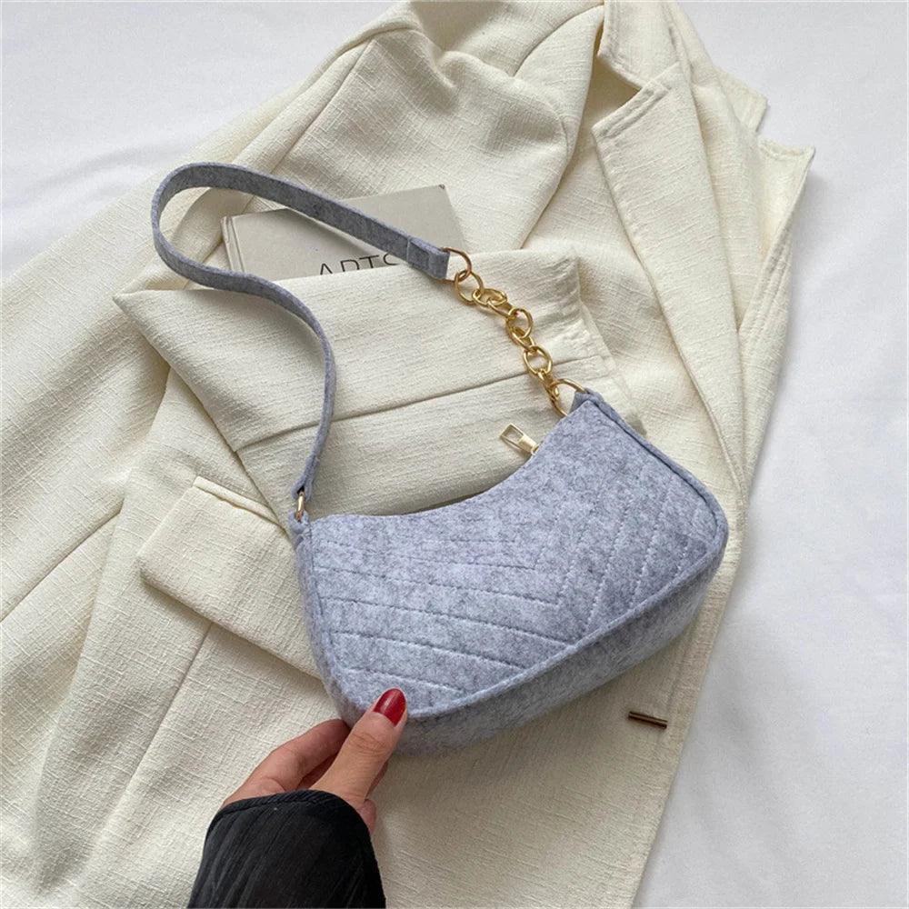 Felt Mini Shoulder Bags for Women's Underarm Bags Texture Solid Color Casual Handbags Female Light Weigh Bag Pouch - Mechano