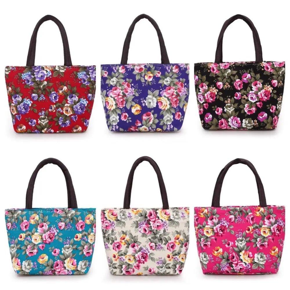 Portable Large Capacity Floral Tote Bag Printed Crossbody Bag Canvas Lunch Bag Oxford Cloth Handbag Rose Mommy Bag Ladies - Mechano