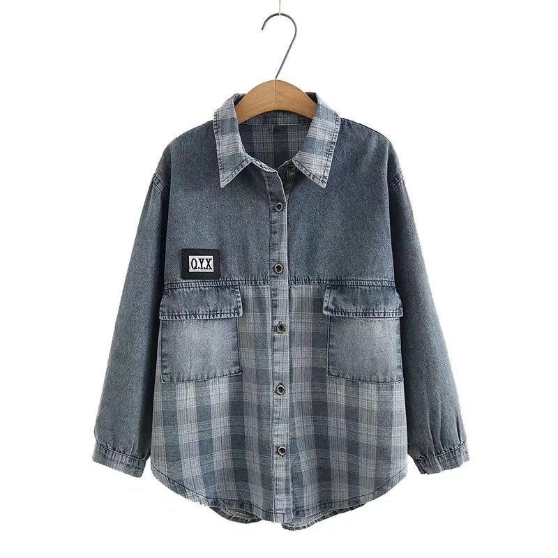 Plus Size Women's Denim Shirt Spring And Autumn Thin Stitched Loose Denim Jacket Long Sleeve Shirt Suitable For Fat Ladies 4XL - Mechano