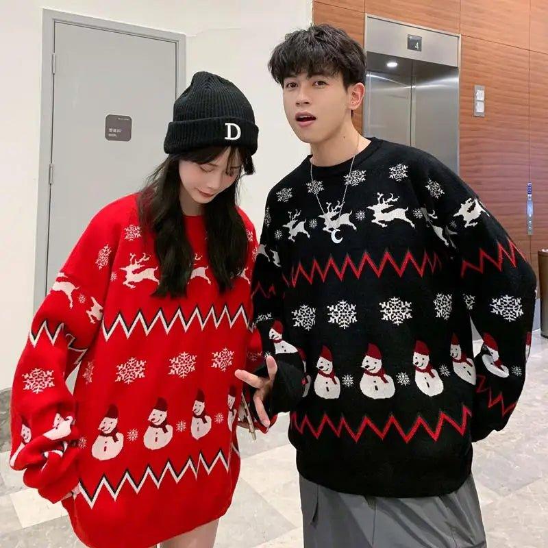 Christmas red christmas style elk costume lazy style couple dress red and black sweater - Mechano