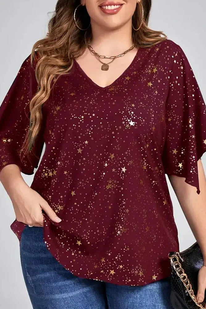 Plus Size Christmas Burgundy Sparkly Bronzing Print V Neck Blouse Half Sleeve Loose Tops - Mechano