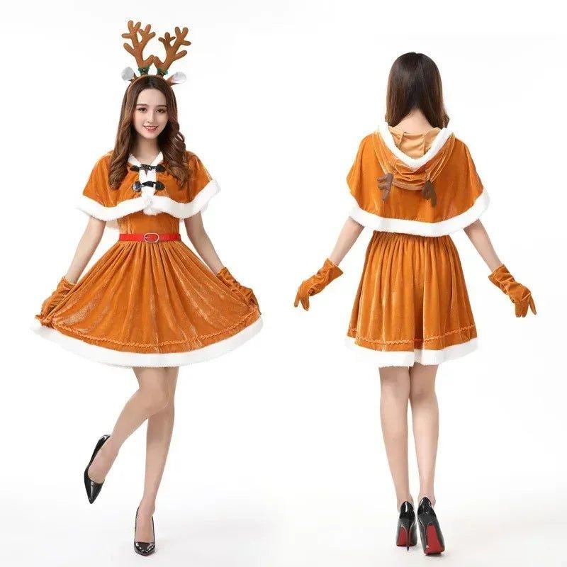 Christmas Cosplay Costume Women Santa Girl Reindeer Brown Dress Uniform Deer Elk Hooded Shawl Cute Outfits Carnival Dress Up - Mechano