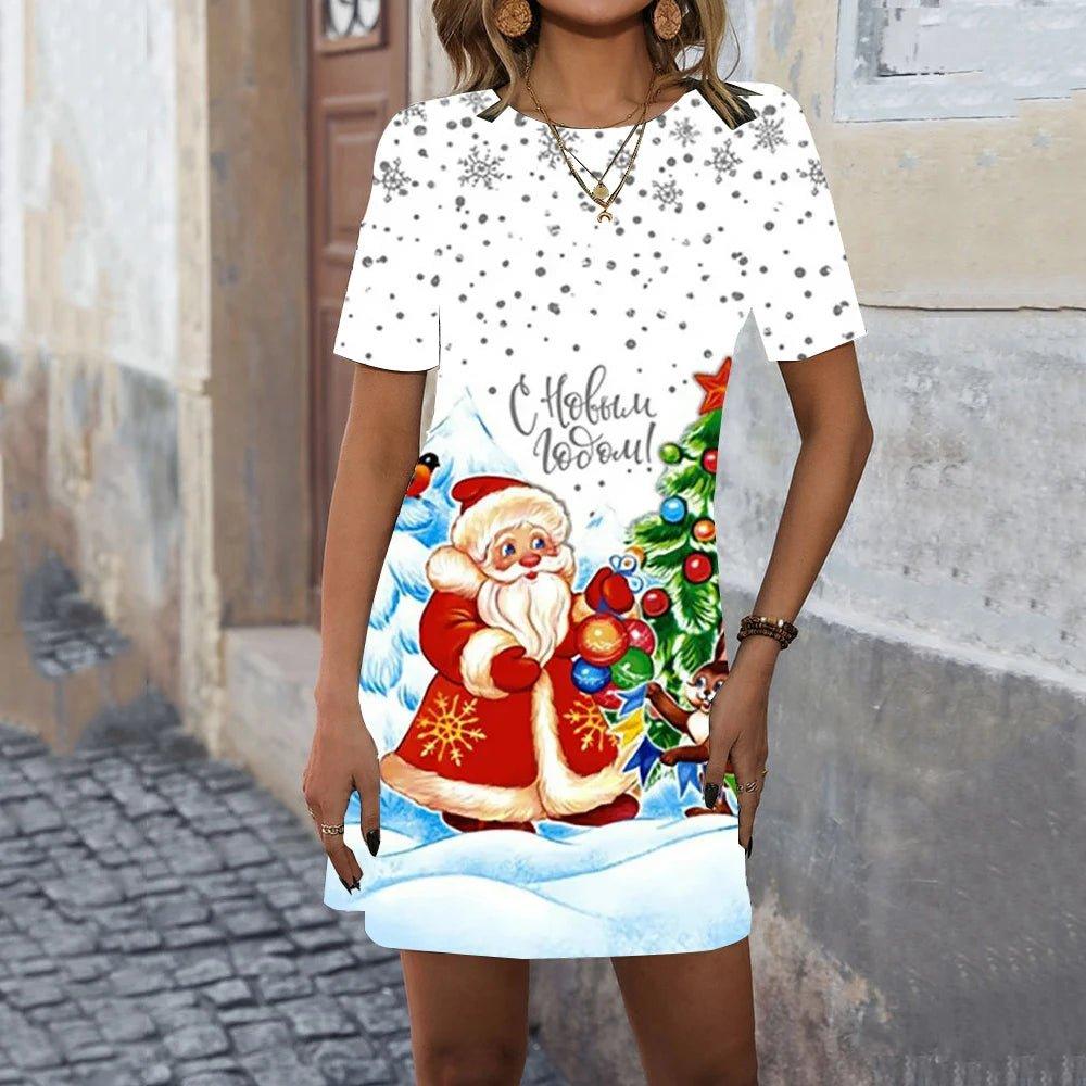 Fashion Christmas 3D Print Women Dress Santa Claus Short Sleeve A - Line Dresses Christmas Tree Dress For Female Loose Party Dress - Mechano