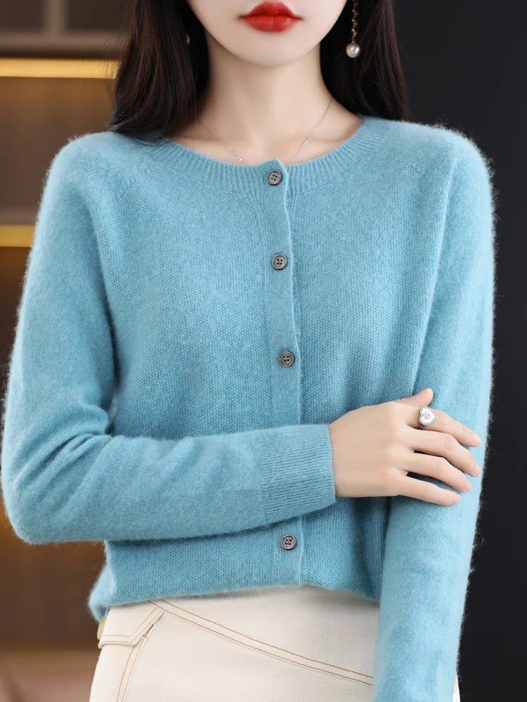 Long Sleeve 100% Merino Wool Sweaters Cashmere Cardigan Spring Autumn Women O - Neck Knitwear Tops Clothing Fashion Basic Tops - Mechano