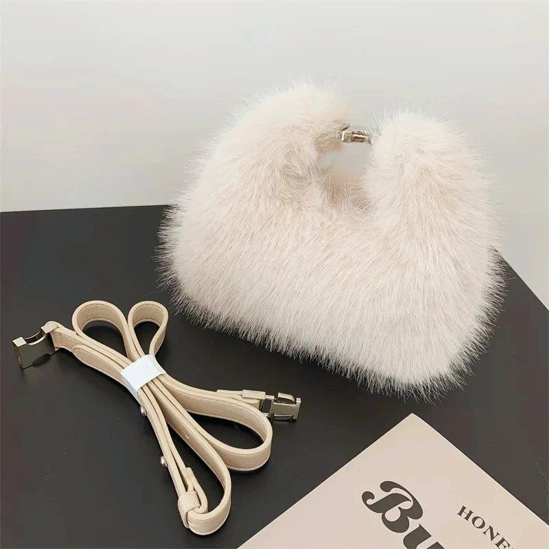 Luxury Faux Fur Ladies Shoulder Bags Soft Plush Female Evening Clutch Purse Handbags Women's Small Tote Fluffy Crossbody Bag - Mechano