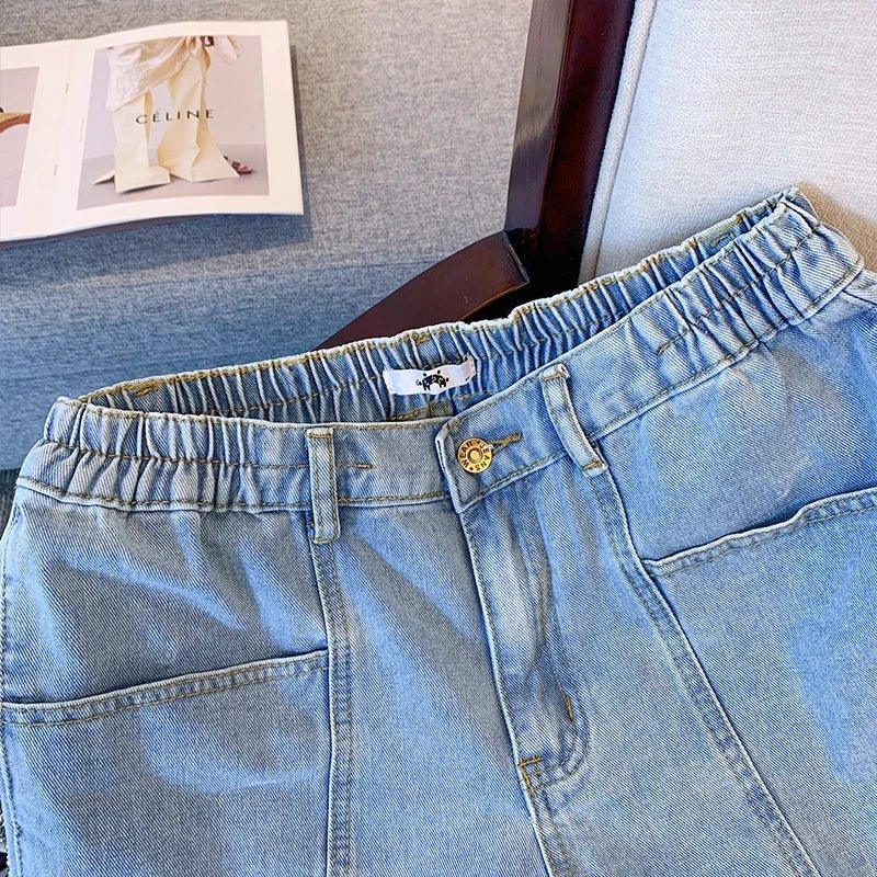 Plus - size women's summer casual denim shorts Classic all - in - one design Blue washed denim multi - pocket home commuter high - waisted - Mechano