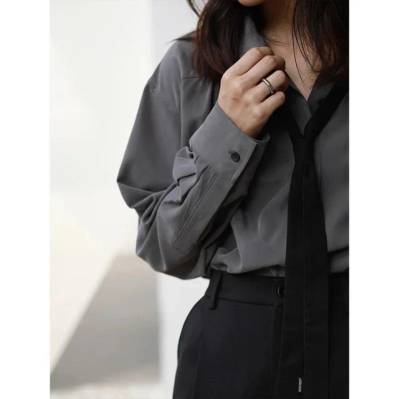 Autumn Minimalist Long Sleeve Button Up Shirt Women Korean Style Solid Tie Oversize Shirts Blouse Loose Clothes Autumn Tops - Mechano