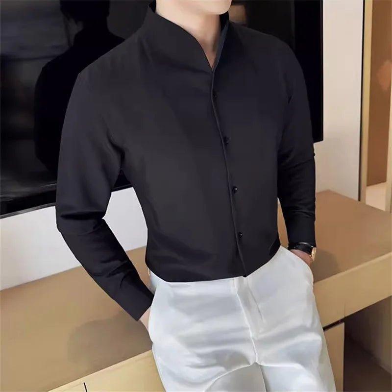 High Quality Long Sleeve V - Neck Men’s Shirt Slim Fit Solid Color - Mechano