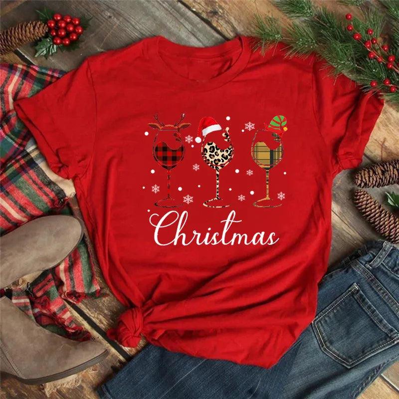 Dreaming of a Wine Christmas Red T-shirts Short Sleeve New Year T Shirt Women Tops Kawaii Clothes for Women