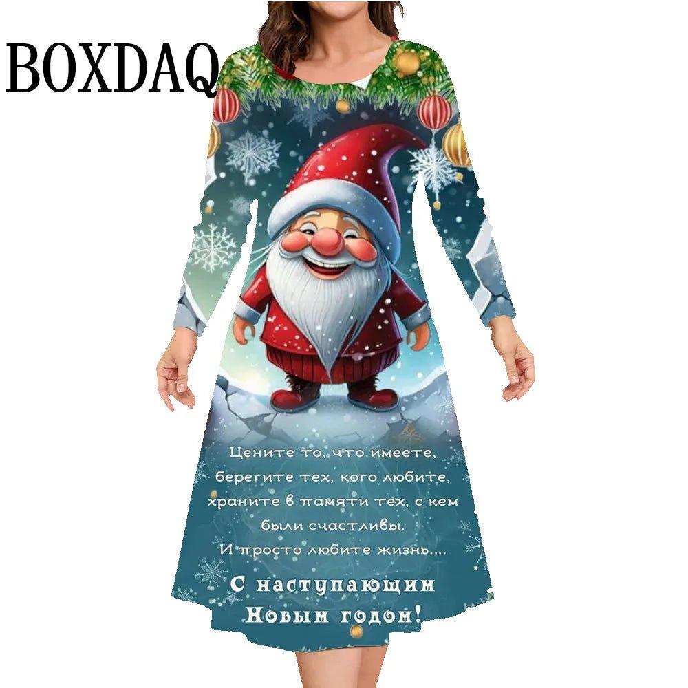 Cute Christmas Print Women Dress Autumn Winter Long Sleeve Cartoon Santa Claus Casual Ladies A - Line Dress Plus Size Clothing 9XL - Mechano